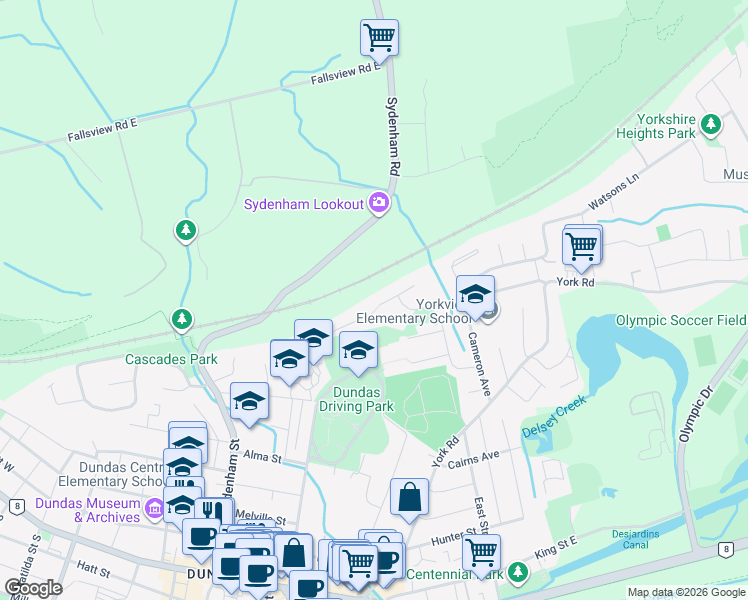 map of restaurants, bars, coffee shops, grocery stores, and more near 26 McKay Court in Hamilton