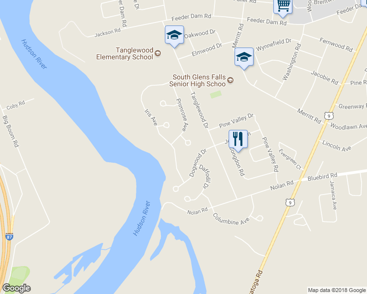 map of restaurants, bars, coffee shops, grocery stores, and more near 3 Astor Court in South Glens Falls