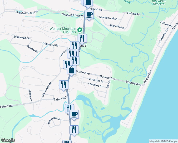 map of restaurants, bars, coffee shops, grocery stores, and more near 52 Bourne Avenue in Wells