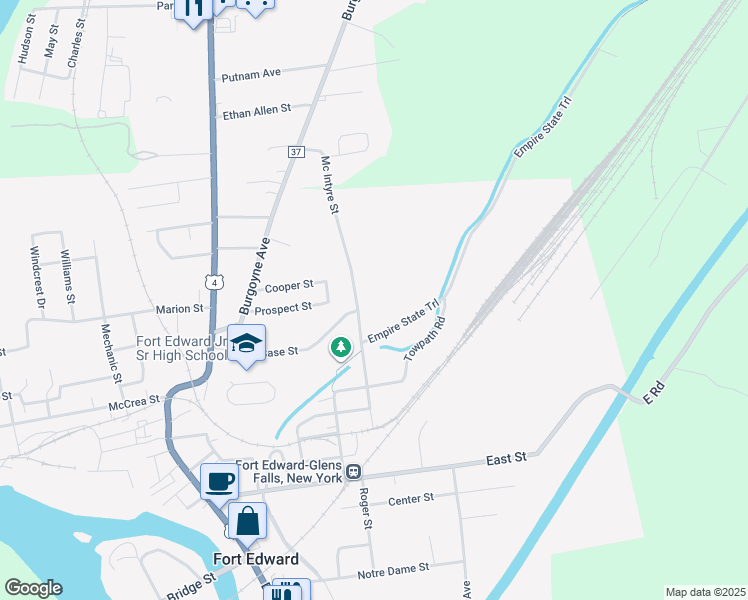 map of restaurants, bars, coffee shops, grocery stores, and more near 40 Mc Intyre Street in Fort Edward