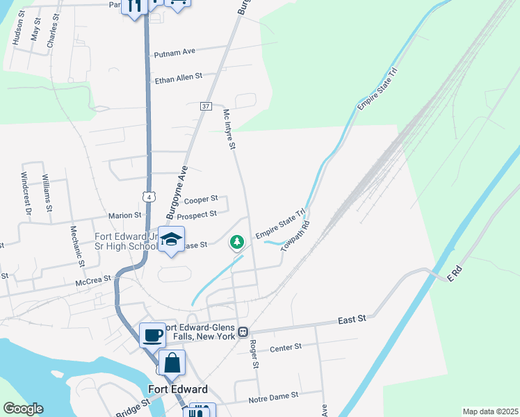 map of restaurants, bars, coffee shops, grocery stores, and more near 40 Mc Intyre Street in Fort Edward