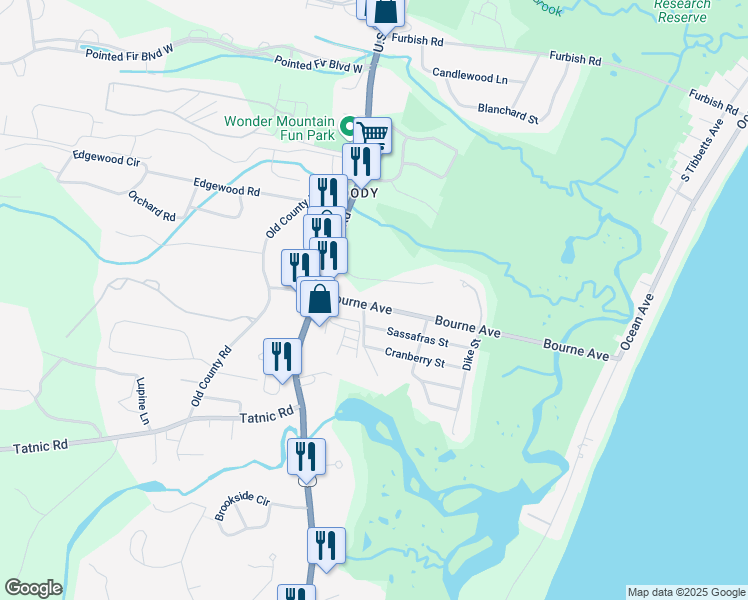 map of restaurants, bars, coffee shops, grocery stores, and more near 52 Bourne Avenue in Wells