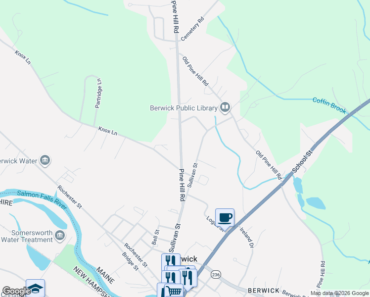 map of restaurants, bars, coffee shops, grocery stores, and more near 46 Pine Hill Road in Berwick