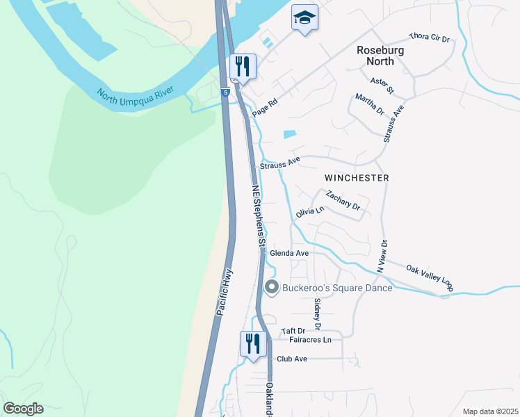 map of restaurants, bars, coffee shops, grocery stores, and more near 5311 Northeast Stephens Street in Roseburg North
