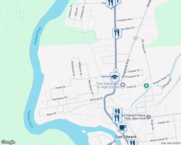 map of restaurants, bars, coffee shops, grocery stores, and more near 1 Thornwood Drive in Fort Edward