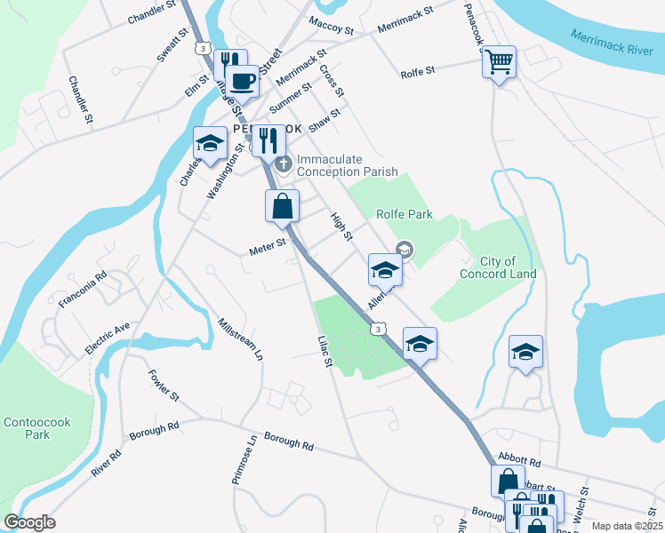 map of restaurants, bars, coffee shops, grocery stores, and more near 159 Village Street in Concord
