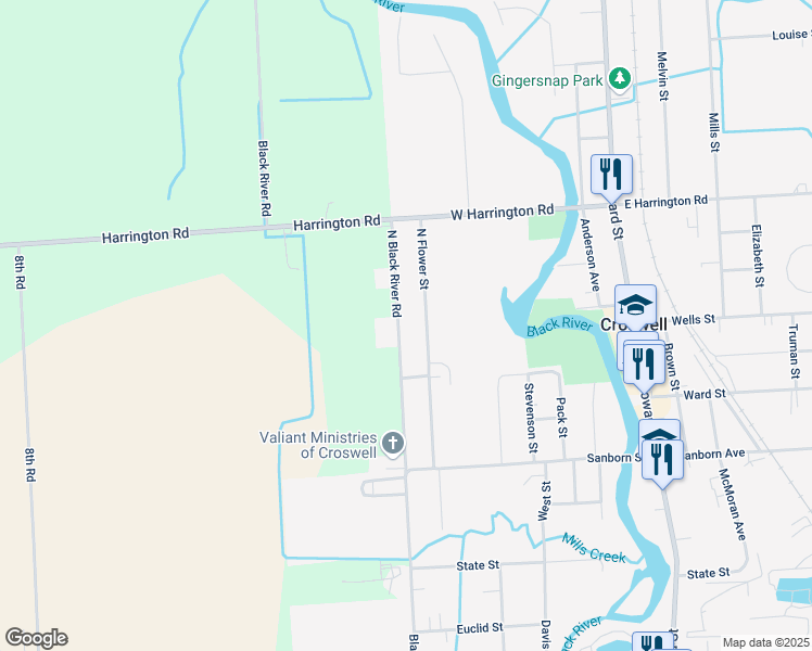 map of restaurants, bars, coffee shops, grocery stores, and more near 116 North Black River Road in Croswell
