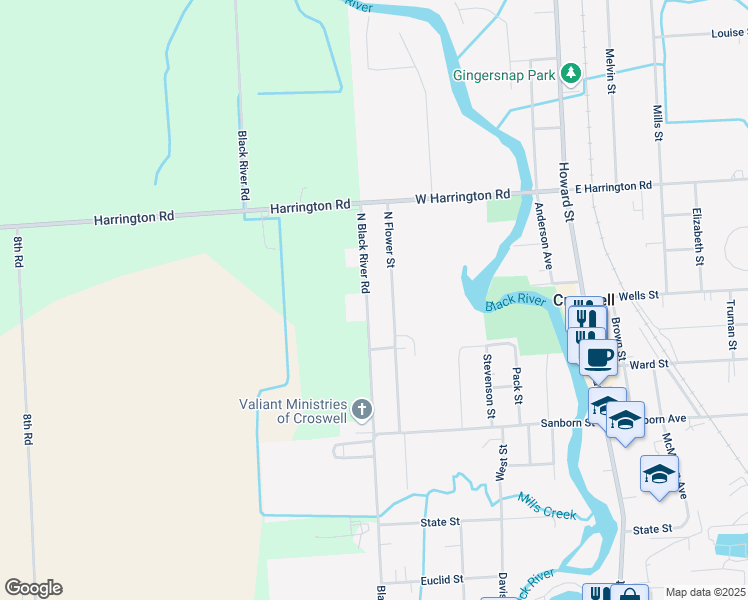 map of restaurants, bars, coffee shops, grocery stores, and more near 116 North Black River Road in Croswell