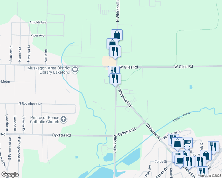 map of restaurants, bars, coffee shops, grocery stores, and more near 1267 Witham Drive in Muskegon