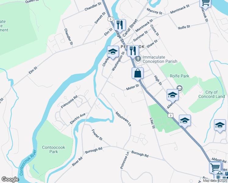 map of restaurants, bars, coffee shops, grocery stores, and more near 14 Bentwood Street in Concord