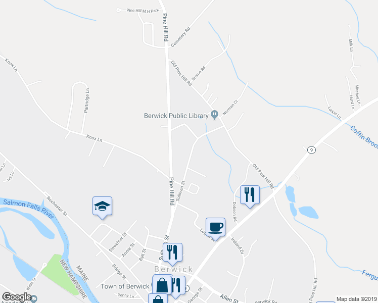 map of restaurants, bars, coffee shops, grocery stores, and more near 125 Sullivan Street in Berwick