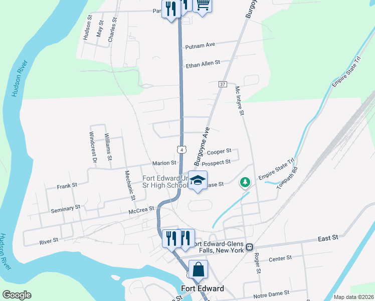 map of restaurants, bars, coffee shops, grocery stores, and more near 13 Burgoyne Avenue in Fort Edward