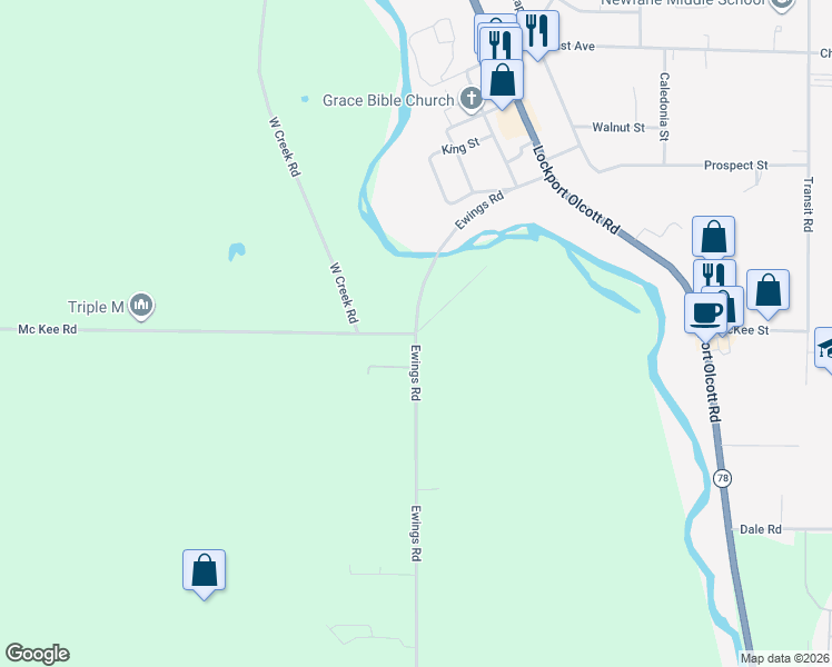 map of restaurants, bars, coffee shops, grocery stores, and more near 2901 Ewings Road in Newfane