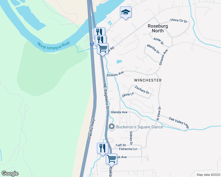 map of restaurants, bars, coffee shops, grocery stores, and more near 5407 Northeast Stephens Street in Roseburg North
