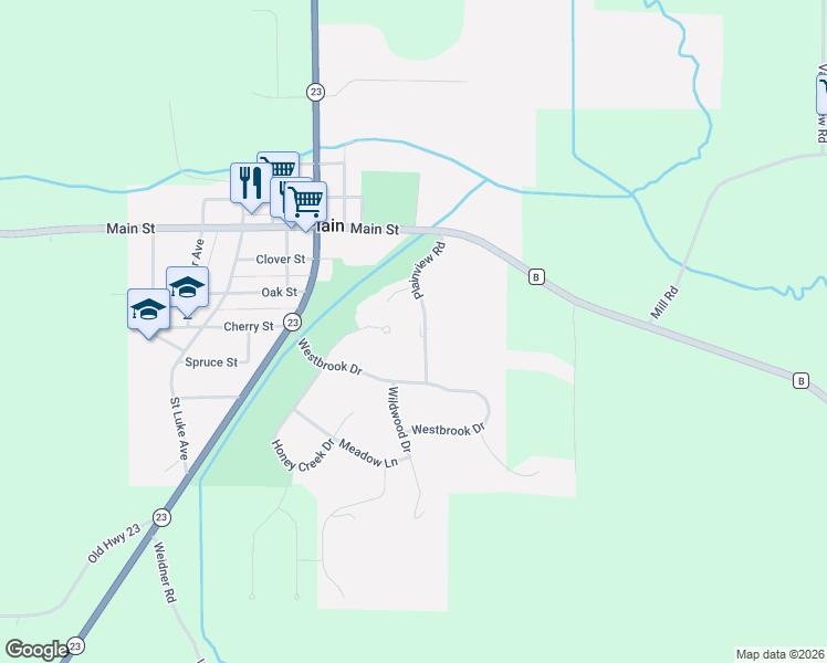 map of restaurants, bars, coffee shops, grocery stores, and more near 1260 Plainview Road in Plain