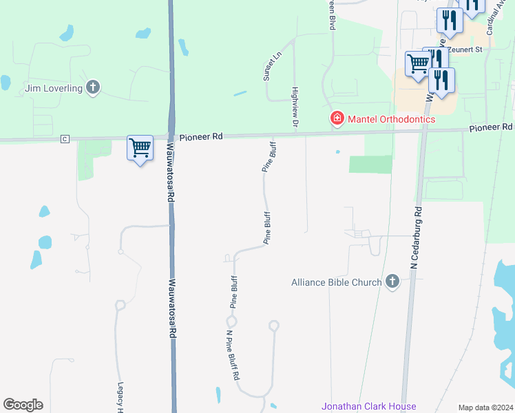 map of restaurants, bars, coffee shops, grocery stores, and more near 14165 North Pine Bluff Road in Mequon