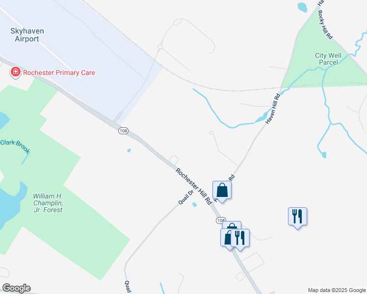 map of restaurants, bars, coffee shops, grocery stores, and more near 314 Rochester Hill Road in Rochester