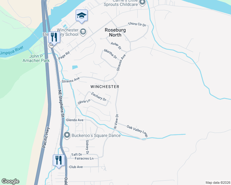 map of restaurants, bars, coffee shops, grocery stores, and more near 126 Cypress Court in Roseburg North