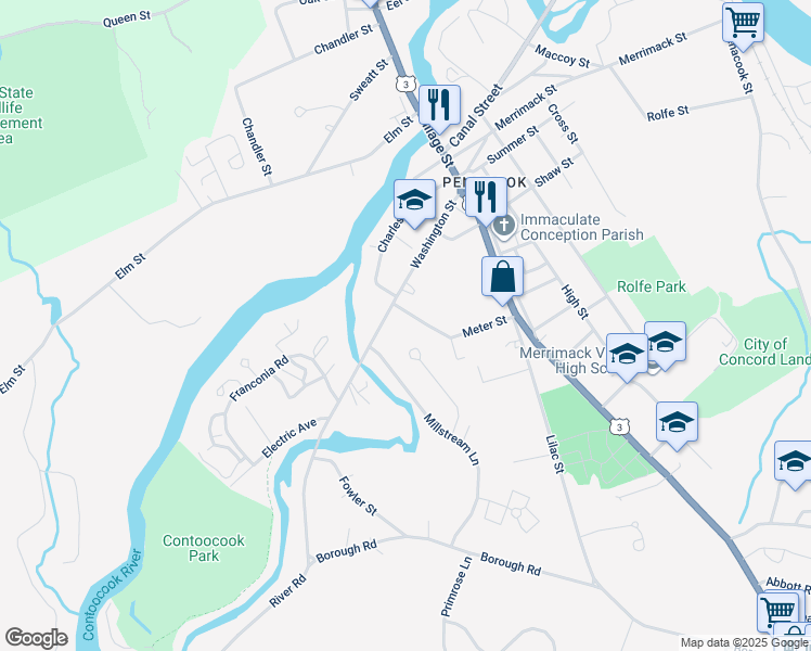 map of restaurants, bars, coffee shops, grocery stores, and more near 59 Washington Street in Concord
