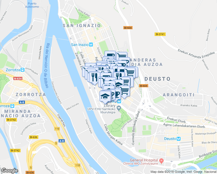 map of restaurants, bars, coffee shops, grocery stores, and more near Avenida Lehendakari Aguirre in Bilbao