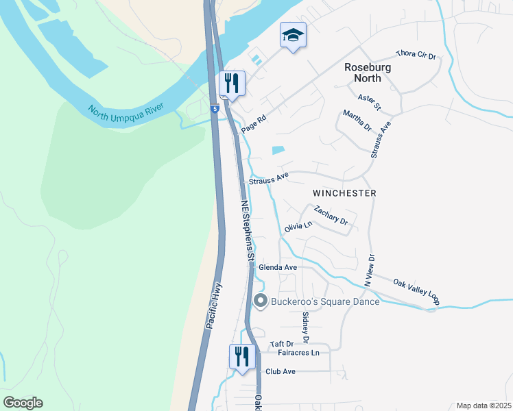 map of restaurants, bars, coffee shops, grocery stores, and more near 5407 Northeast Stephens Street in Roseburg North