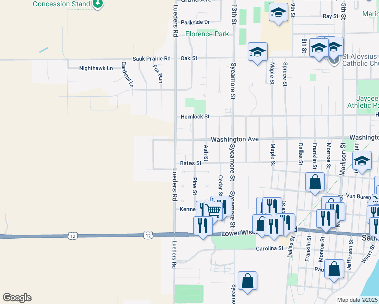 map of restaurants, bars, coffee shops, grocery stores, and more near 404 Pine Street in Sauk City