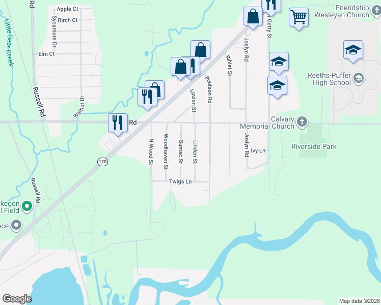 map of restaurants, bars, coffee shops, grocery stores, and more near 1316 Sumac Street in Muskegon