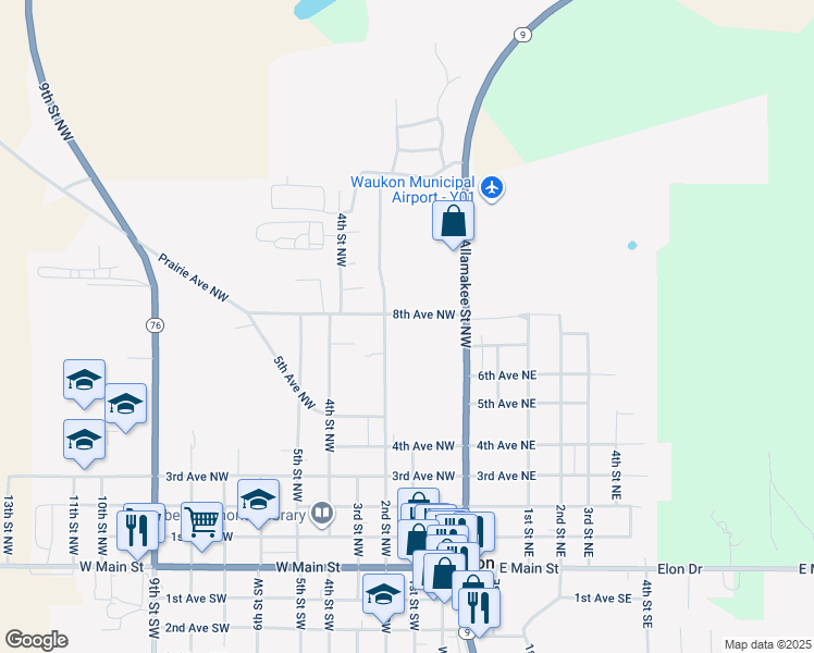 map of restaurants, bars, coffee shops, grocery stores, and more near 104 8th Avenue Northwest in Waukon