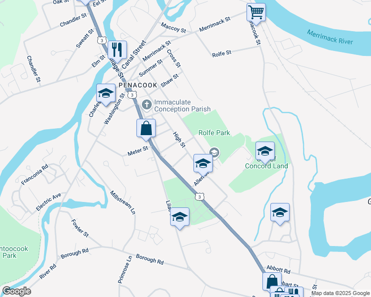 map of restaurants, bars, coffee shops, grocery stores, and more near 89 High Street in Concord
