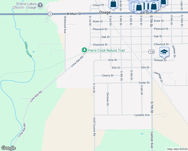 map of restaurants, bars, coffee shops, grocery stores, and more near 101 Cherry Street in Osage