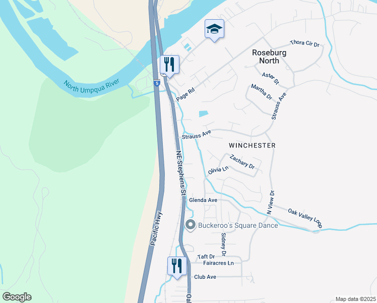 map of restaurants, bars, coffee shops, grocery stores, and more near 5407 Northeast Stephens Street in Roseburg North