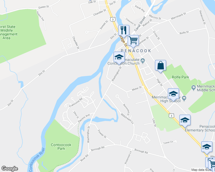 map of restaurants, bars, coffee shops, grocery stores, and more near 62 Washington Street in Concord