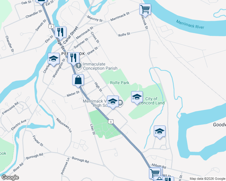 map of restaurants, bars, coffee shops, grocery stores, and more near 91 Community Drive in Concord