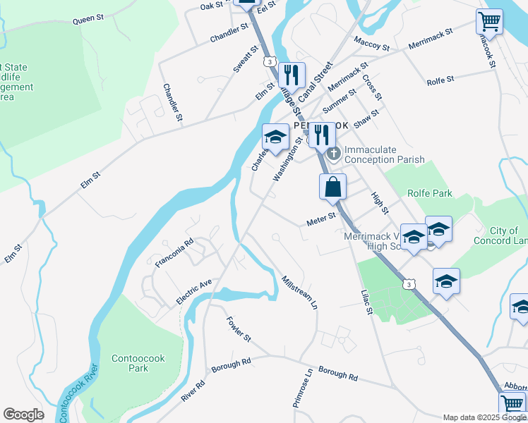 map of restaurants, bars, coffee shops, grocery stores, and more near 59 Washington Street in Concord