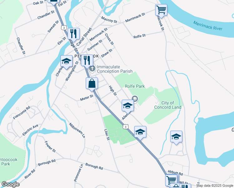 map of restaurants, bars, coffee shops, grocery stores, and more near 89 High Street in Concord