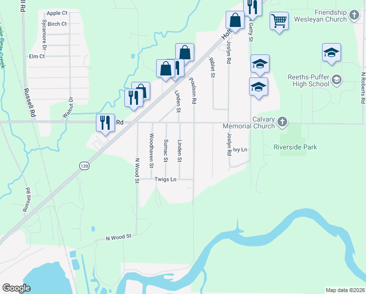 map of restaurants, bars, coffee shops, grocery stores, and more near 1316 Linden Street in Muskegon