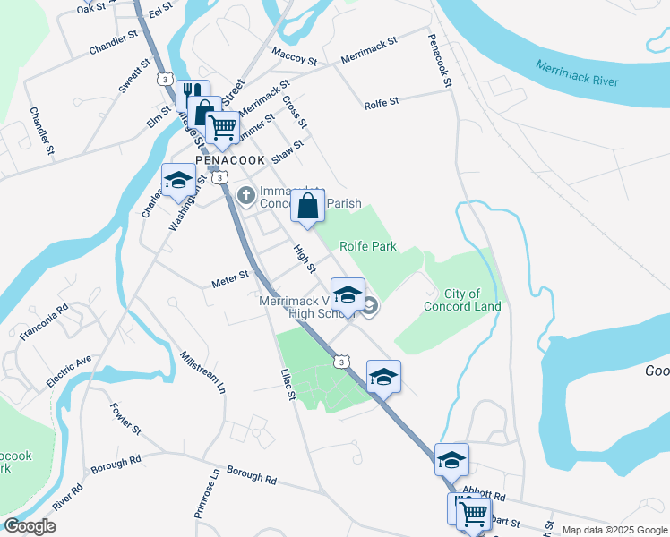 map of restaurants, bars, coffee shops, grocery stores, and more near 82 Community Drive in Concord