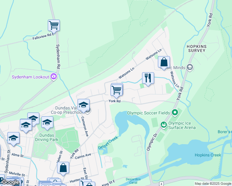 map of restaurants, bars, coffee shops, grocery stores, and more near 23 Watsons Lane in Hamilton