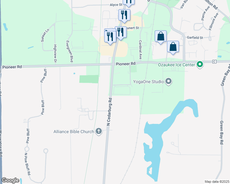 map of restaurants, bars, coffee shops, grocery stores, and more near W63N14264 Washington Avenue in Cedarburg