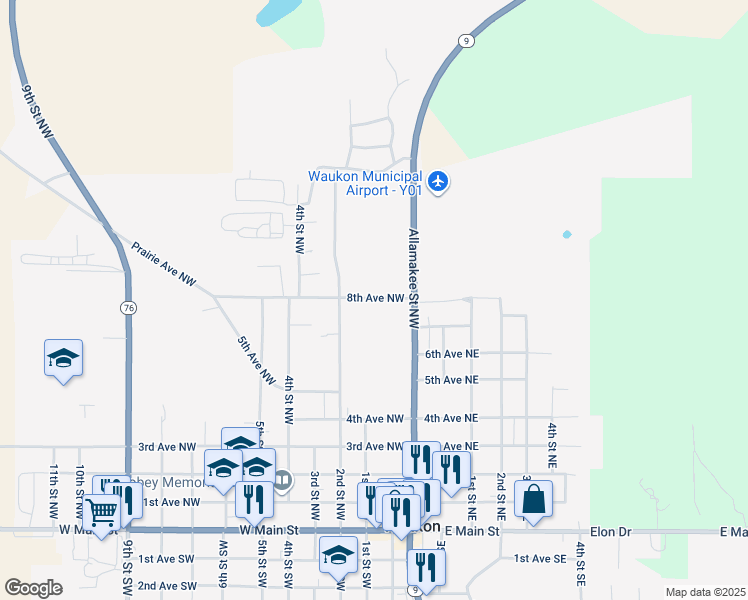 map of restaurants, bars, coffee shops, grocery stores, and more near 104 8th Avenue Northwest in Waukon