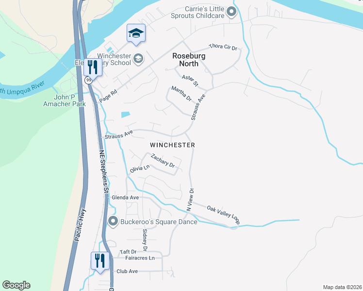 map of restaurants, bars, coffee shops, grocery stores, and more near 126 Cypress Court in Roseburg North