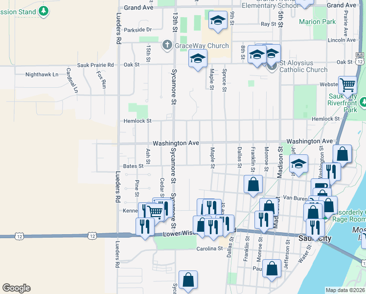 map of restaurants, bars, coffee shops, grocery stores, and more near 408 Hickory Street in Sauk City