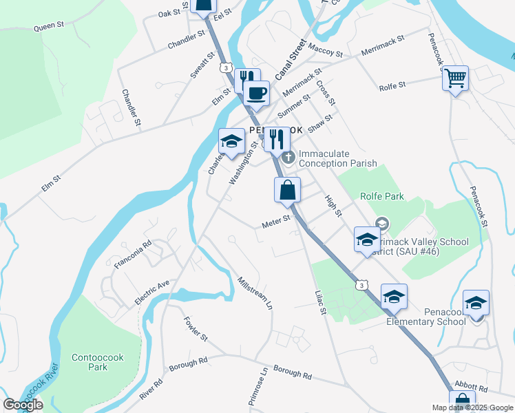 map of restaurants, bars, coffee shops, grocery stores, and more near 23 Meter Street in Concord
