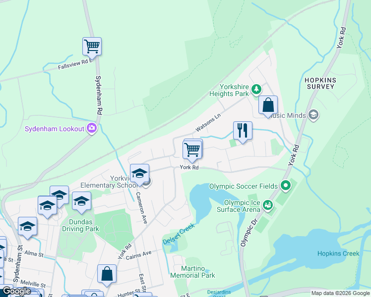 map of restaurants, bars, coffee shops, grocery stores, and more near 2 Marion Crescent in Hamilton
