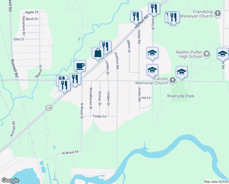 map of restaurants, bars, coffee shops, grocery stores, and more near 1316 Linden Street in Muskegon