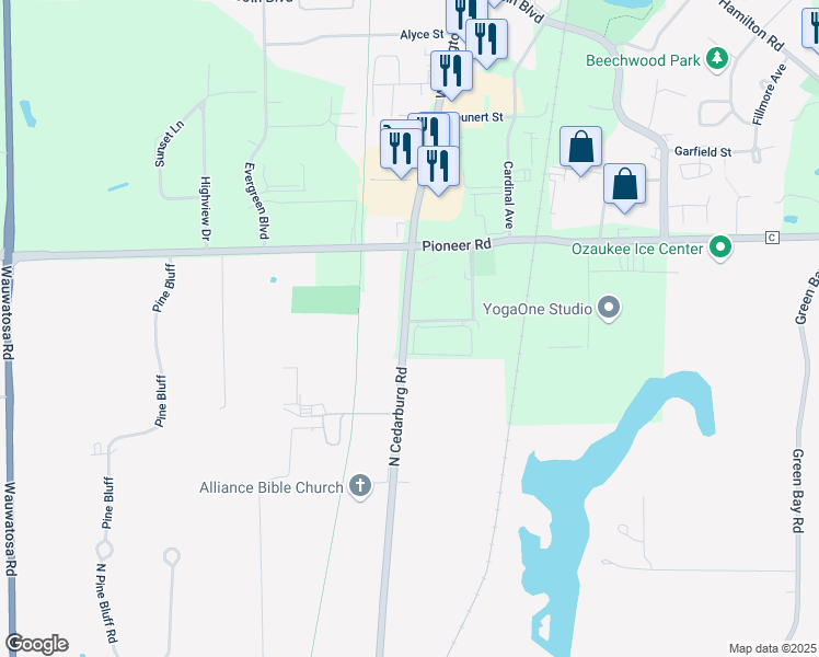 map of restaurants, bars, coffee shops, grocery stores, and more near W63N14264 Washington Avenue in Cedarburg