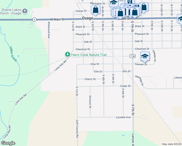 map of restaurants, bars, coffee shops, grocery stores, and more near 101-399 Cherry Street in Osage