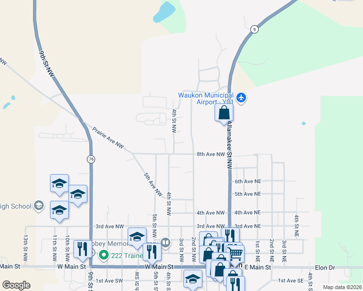 map of restaurants, bars, coffee shops, grocery stores, and more near 200-342 8th Avenue Northwest in Waukon