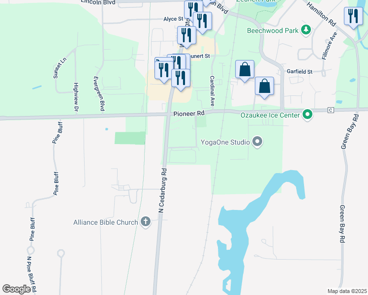 map of restaurants, bars, coffee shops, grocery stores, and more near N142 W6227 Concord Street in Cedarburg