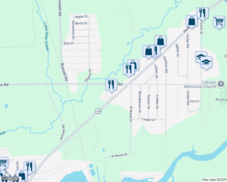 map of restaurants, bars, coffee shops, grocery stores, and more near 1415 Holton Road in Muskegon